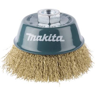 Round wire brush with metal bristles and green housing. 'Makita' brand name on the top surface. Several screws on the mounting point.