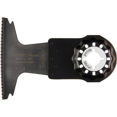 Multitool saw blade with inscription 'Wood with Nails' and 'Metal', suitable for woodwork with nails and metalworking.