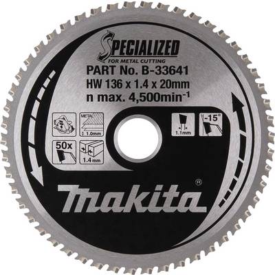 'Makita Metal Saw Blade. Model Number: B-33641. Diameter 136 mm; Cutting Width 1.4 mm; Bore 20 mm; Max. Rotation Speed 4500 rpm.'