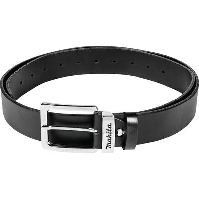 Black leather belt with metal buckle, with 'Makita' printed on it.