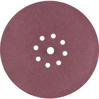 Red sandpaper with multiple holes in the centre, used for surface finishing.
