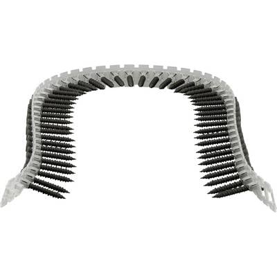 A plastic strip holds a multitude of black screws at regular intervals, which are intended for automatic screwing devices.