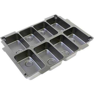 A black plastic mould with eight rectangular compartments, suitable for processing or storing industrial items.
