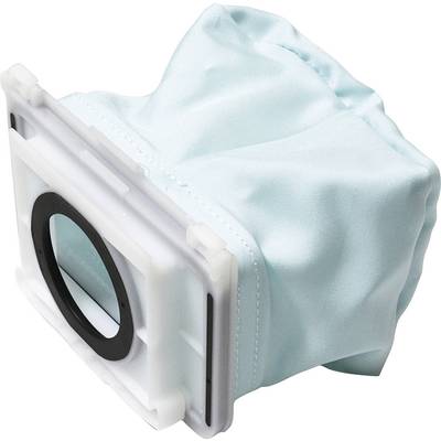 Light blue dust bag for vacuum cleaner with rectangular plastic closure. Main component for dust collection.
