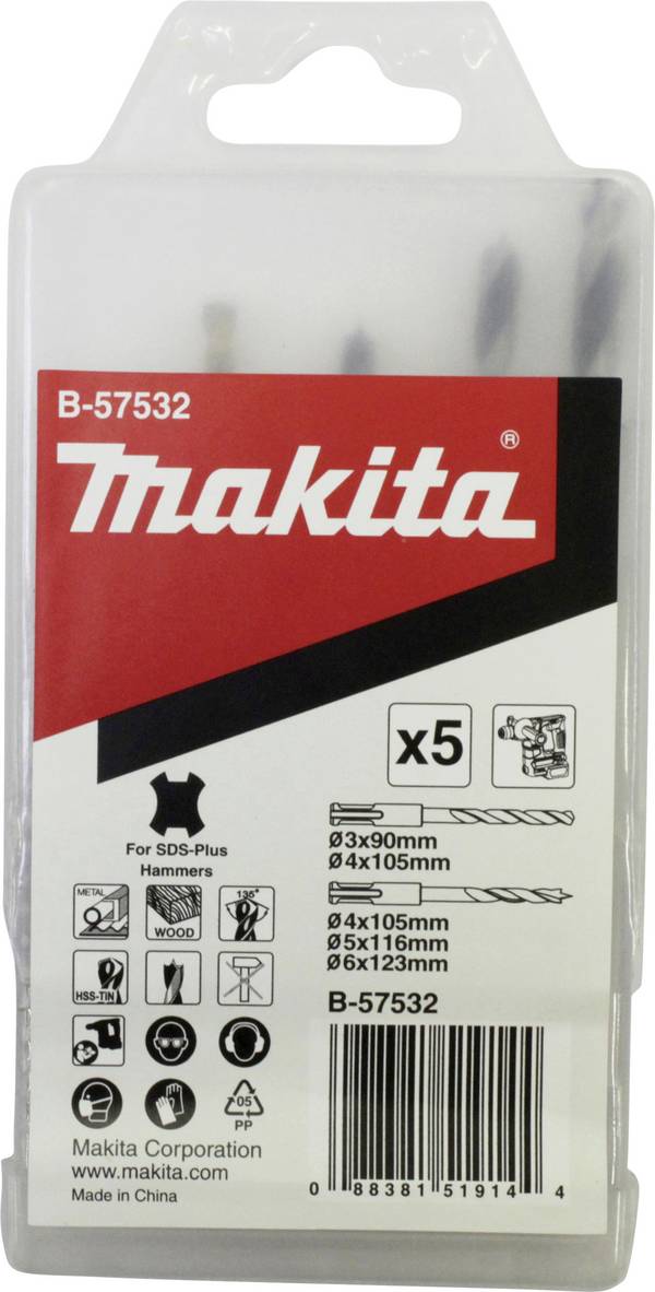 Makita B-57532  5-piece Universal drill bit set Metal, Wood 3 mm, 4 mm, 5 mm, 6 mm