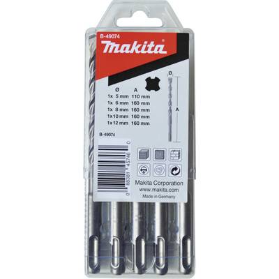 Makita drill bit set consisting of five drill bits in varying sizes (5mm to 12mm) in a clear plastic case.