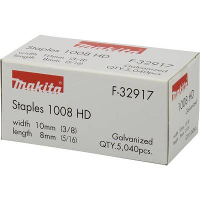 A box labelled 'Makita Staples 1008 HD'. Contains staples, size 10 mm (3/8) width, 8 mm (5/16) length, 5,040 pieces.
