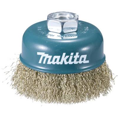 Round wire brush with blue metal casing and mounting nut on top, suitable for cleaning work. 'Makita' brand visible.