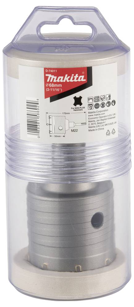 A metal hole saw packaged in a transparent plastic container with a red label displaying the brand name 'Makita' and product specifications.