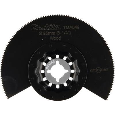 Makita circular saw blade, Model TMA049, diameter 85 mm. Used for wood. Black colour with serrated edge.