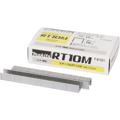 A box of Makita RT10M staples, galvanised, contains 2,500 pieces. Size: 10 mm. Stack and open box visible.
