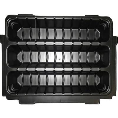 Black plastic packaging with rectangular recesses, suitable for storing or transporting small items.