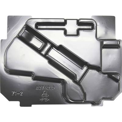 A black plastic form with the embossing '8376310' and recycling symbol. Form has technical die-cuts and contours.