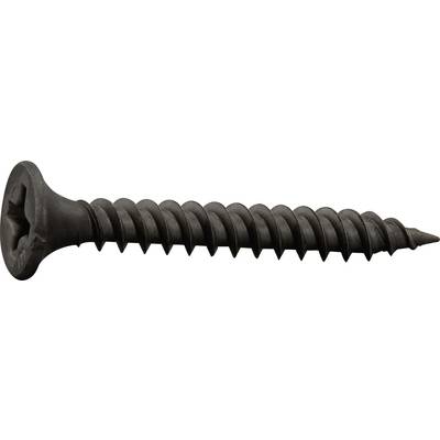 Black cross-head screw, suitable for use in wood or plasterboard.