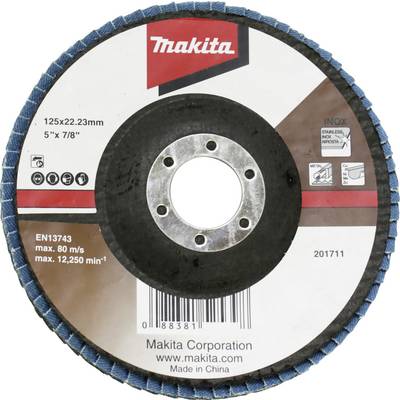 'Makita cutting disc, 125x22.23mm, max. 12,250 rpm, max. 80 m/s, suitable for metal and stainless steel processing, manufactured in China.'