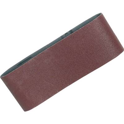 A brown sanding belt in an oval shape, suitable for use with grinding machines. Ideal for woodworking or metalworking.