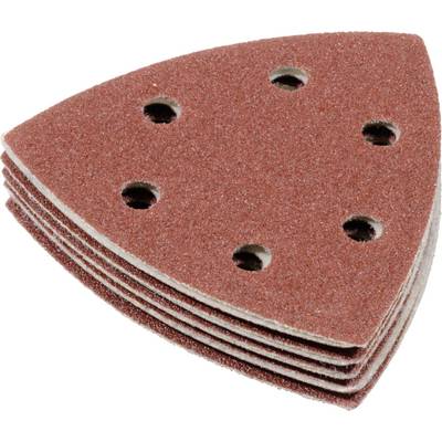 A stack of six triangular sandpaper sheets with holes, suitable for a delta sander. The paper is rust-brown.