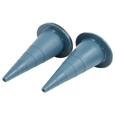 Two blue, cone-shaped plastic objects are lying side by side. They have a small opening at one end and are smooth.