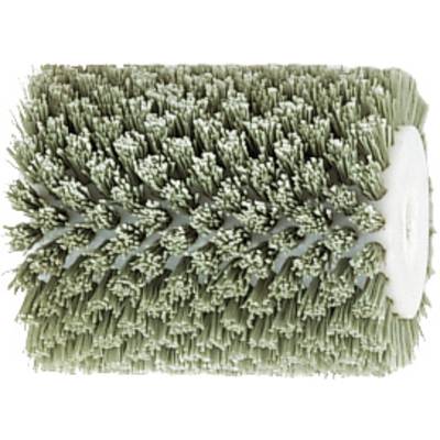 A green brush with stiff bristles in a cylindrical shape, often used for cleaning tasks.