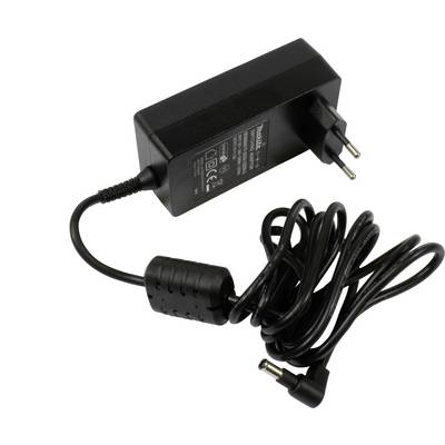 A black laptop charger with power cable and EU plug. The cable is loosely coiled, and the DC connector is visible.