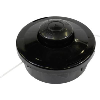 Round black thread head spool for a lawn trimmer, with thread exit openings. Suitable for maintaining lawn areas.<br><br>Round black thread head spool for a strimmer, with thread exit holes. Ideal for lawn maintenance.