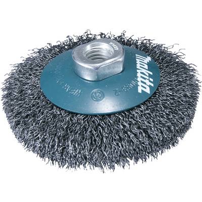 Round steel brush with metal bristles and green centre, suitable for cleaning and removing rust from surfaces.