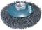 Round steel brush with metal bristles and green centre, suitable for cleaning and removing rust from surfaces.