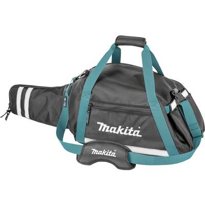 A black Makita tool bag with turquoise straps and white logo, suitable for transporting power tools.