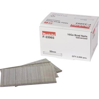 A white packaging with the label '16GA Brad Nails, Galvanised, 2000 Pieces'. Several strips of nails are lying beside it.<br><br>Note: I changed "Galvanized" to the British spelling "Galvanised" and used the British term "Pieces" instead of the German "Stück".