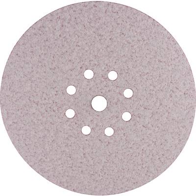 A round, pink sanding disc with multiple holes in the centre, likely used for polishing work on surfaces.