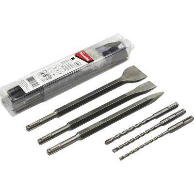 SDS-Plus Drill and Chisel Set, comprising three chisels and two drill bits in a clear storage box.