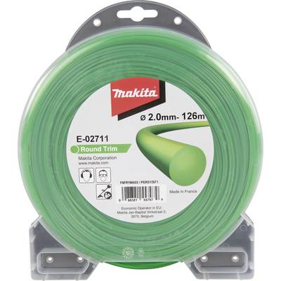 A green spool of trimmer line by Makita, model E-02711, diameter 2.0 mm, length 126 m, manufactured in France.