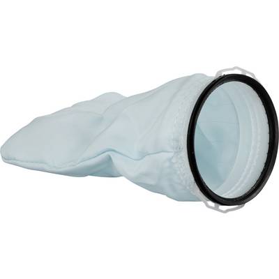 Light blue, elongated filter bag with a black border, used for filtration in various industrial applications.