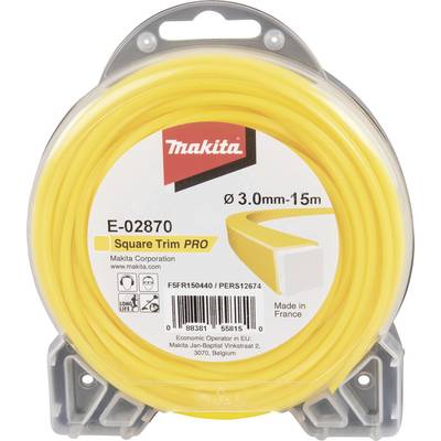 A yellow spool with a Makita logo, 'Square Trim Pro' inscription, 3.0mm, 15m length. Manufactured in France. Intended for strimmer heads.