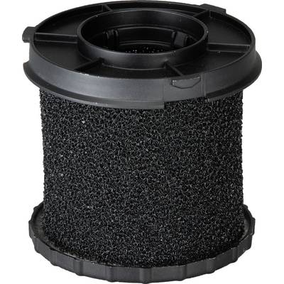 Black air filter cylinder with a coarse foam structure, framed at the top and bottom by black plastic rings.