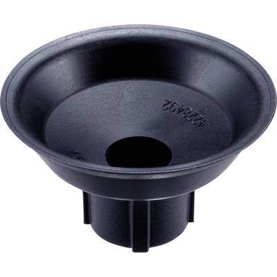 Black plastic funnel with a circular opening in the centre, suitable for precise measuring or separating liquids.