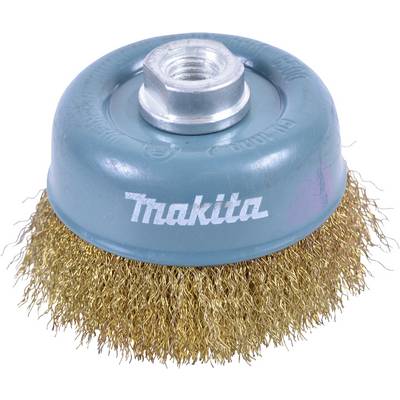 'Wire brush attachment in round form, suitable for drill machines, with a blue housing and marked inscription 'Makita'.'