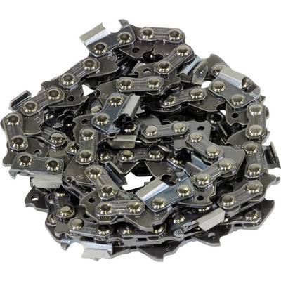Metal chainsaw chain, coiled up. The chain consists of small interconnected links with sharp cutting teeth.