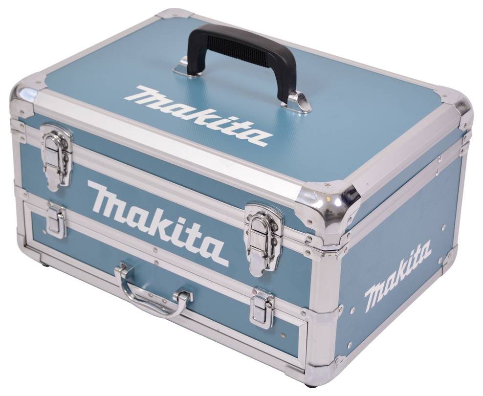 A sturdy blue toolbox with silver accents and a black handle, featuring the 'Makita' logo prominently displayed on the sides and top.