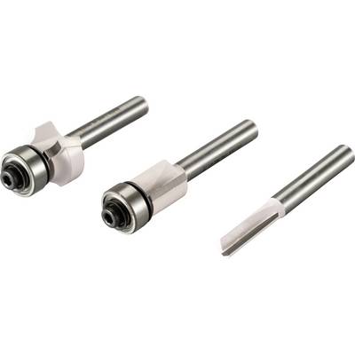 Three metal milling cutters with different shapes and cutting surfaces for woodworking.