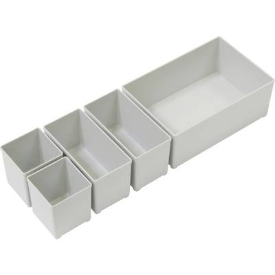 Five rectangular, grey containers of different sizes, arranged in a row from small to large. Perfect for storage.