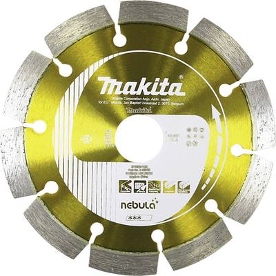 'Diamond saw blade with eight teeth, gold colour, Makita brand, Nebula model, Japanese manufacture, suitable for dry and wet cutting.'