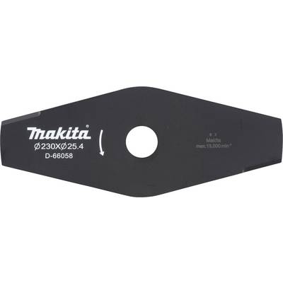 Black Makita blade for brush cutters with a circular opening in the centre. Text: 'Makita ø230Xø25.4 D-66058 max: 13,000 rpm'.