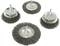 Round wire brushes with metal shaft, suitable for power drills. They are designed for removing rust and paint from metal surfaces.<br><br>Note: The translation is already in British English, so no significant changes were required.