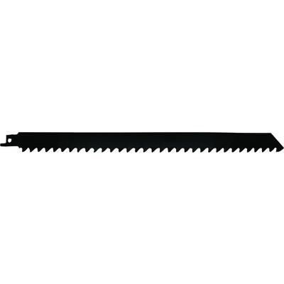 A black saw blade with serrated teeth and an eyelet at the top end.