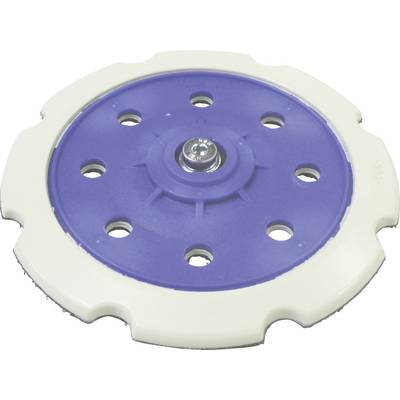 A round, white-blue plastic component with multiple holes and a central screw in the middle.