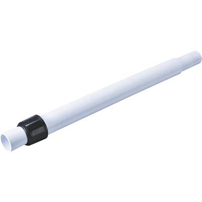 Long, white plastic pipe with a black connecting part. Suitable for piping systems or installations.