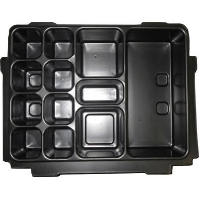 Black plastic multi-purpose tray with multiple rectangular and square compartments for storage or organisation.
