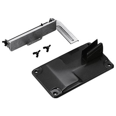 'Black metal plate with an attached angle bracket and two plastic holders, including screws. Used for mountings.'