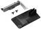 'Black metal plate with an attached angle bracket and two plastic holders, including screws. Used for mountings.'